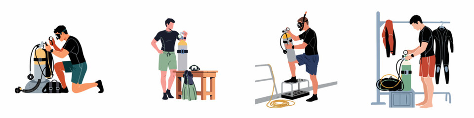 Set of illustrations showing male scuba divers checking and preparing their diving equipment, oxygen tanks, and gear before an underwater dive. © Slamet