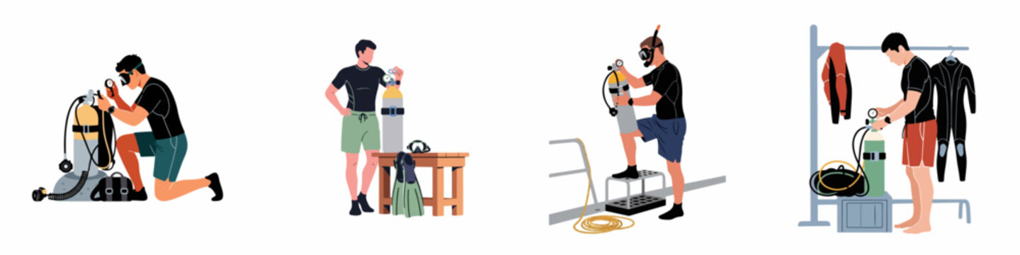 Set of illustrations showing male scuba divers checking and preparing their diving equipment, oxygen tanks, and gear before an underwater dive.