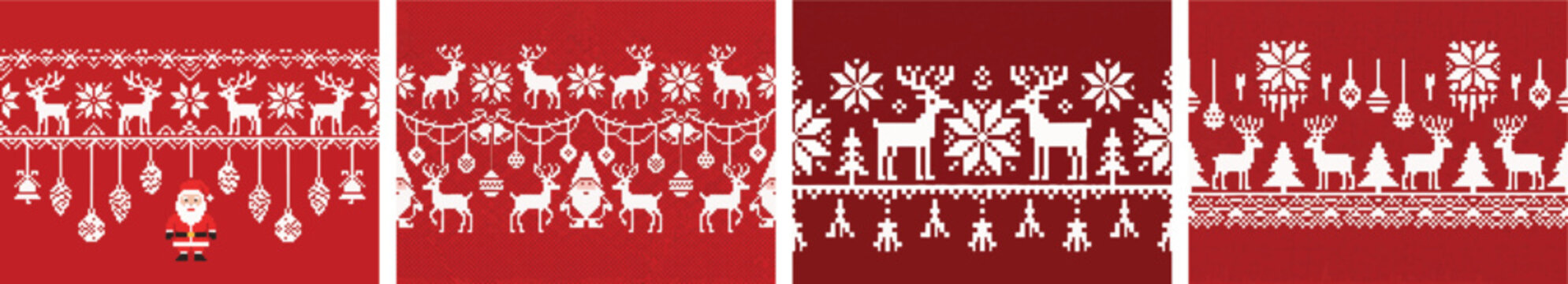Decorative horizontal border set pixel-style Nordic deer and snowflake motifs in white on red background. Symmetrical folk pattern with hanging elements and festive winter character, ideal for textil
