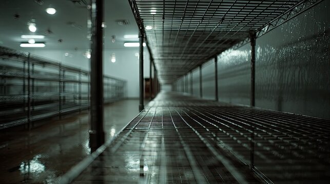 Long rows of empty metal wire shelving stretch through a vast cold storage warehouse, frost tinged and deserted, evoking industrial decline, shortage, and isolation