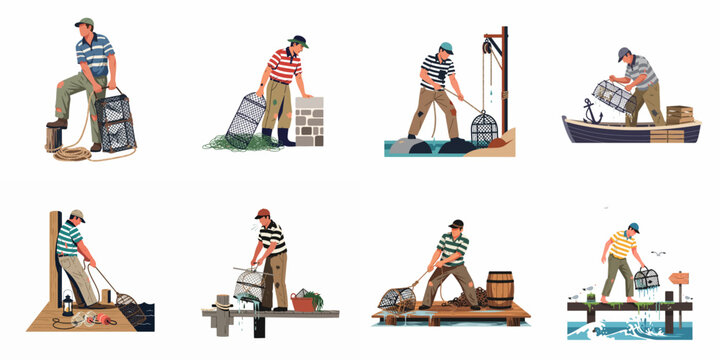Collection of illustrations featuring fishermen working with traditional crab pots and lobster traps on docks, boats, and rocky shores.