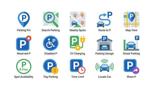 Parking app icons showing parking features and spot statuses on white