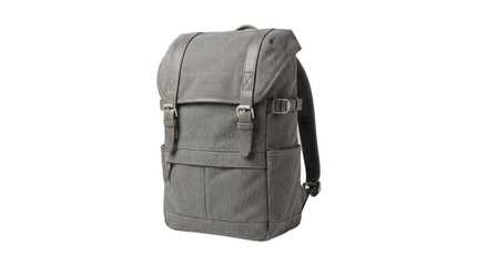 Naklejka premium Premium Grey Canvas Backpack with Leather Straps and Buckles, Urban Rucksack Isolated on White Background for Travel and Daily Use