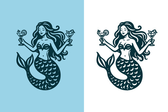 Mermaid cocktail logo vector illustration with tropical drinks and hand drawn ocean fantasy bar design