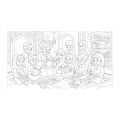 Obraz premium Group of children and adults sitting at table, outline illustration