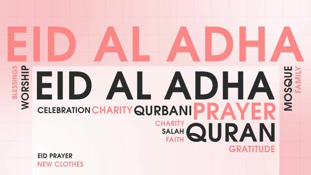 Eid Al Adha Word Cloud Animation Shameless Loop. Eid Al Adha Kinetic Typography Modern Theme