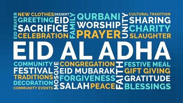 Colorful Eid Al Adha Word Cloud Animation Shameless Loop. Eid Al Adha Kinetic Typography Colorful Theme