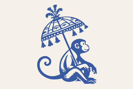 Monkey with umbrella doodle vector illustration, cute hand drawn sitting animal under decorative parasol