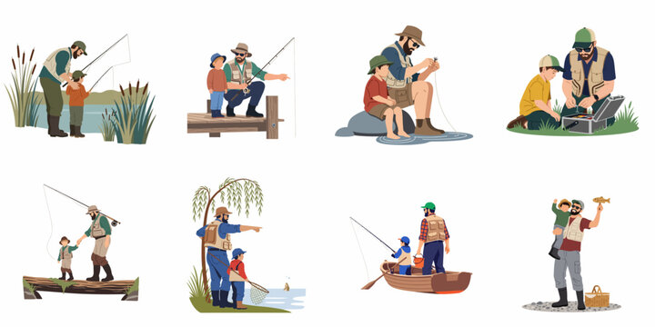 Collection of illustrations depicting a father and son enjoying various fishing activities together in the outdoors, celebrating family bonding and nature.