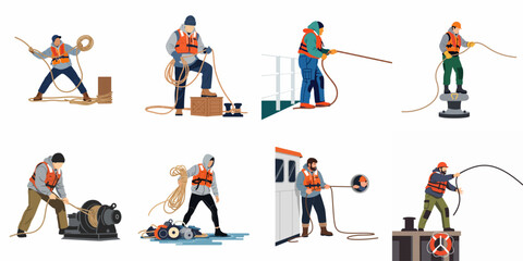 Fototapeta premium Collection of flat illustrations showing maritime workers, sailors, and dockhands handling ropes and equipment on ships and docks in safety gear.