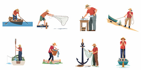 Collection of fishermen illustrations featuring men rowing boats, casting nets, cleaning fresh catch, and mending gear on a white background. © Slamet