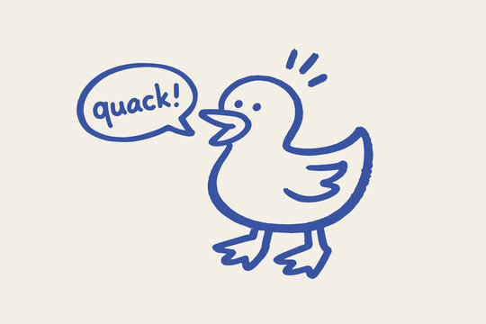 Funny duck quack doodle vector illustration with speech bubble and cute hand drawn cartoon bird