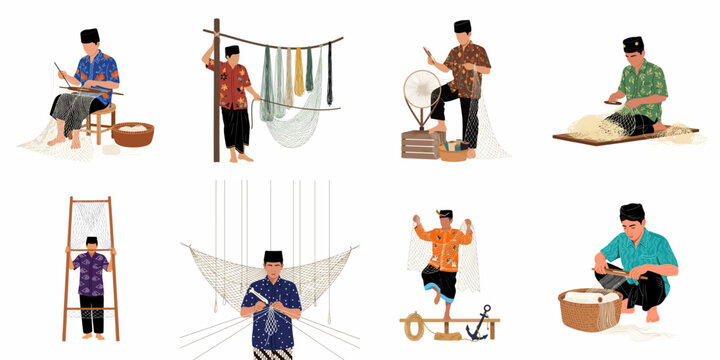 Set of eight illustrations featuring Indonesian men in traditional clothing craftily hand-making fishing nets, representing maritime heritage and local artistry.