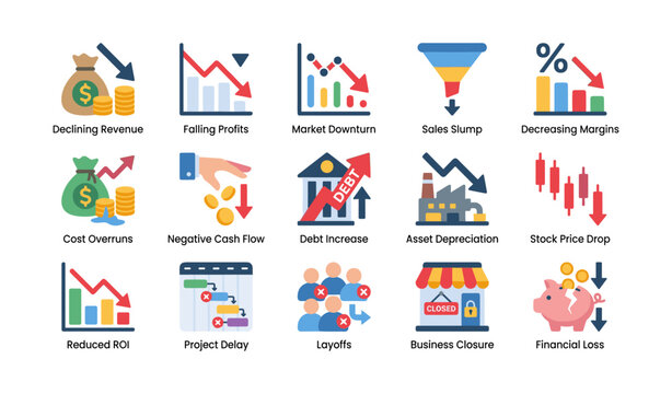Business risk icons showing financial decline and disruption in grid