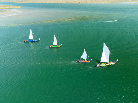 Aerial view of colorful boats sailing on the shimmering green waters, a coastal dance of tradition and nature, Torreira, Aveiro District, Portugal.