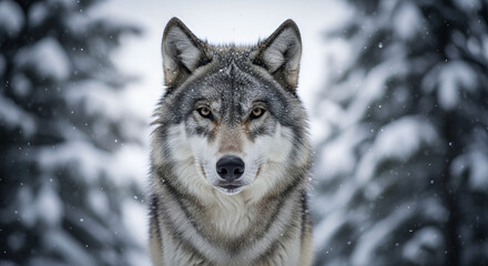 Fototapeta premium Gray wolf snarling in snowy forest 