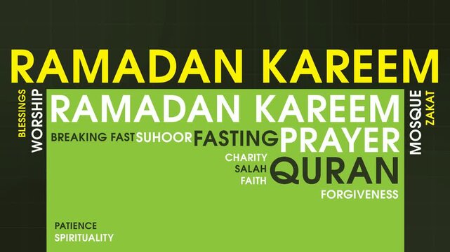 Color Block Ramadan Word Cloud Animation Shameless Loop. Ramadan Kinetic Typography Bold Theme