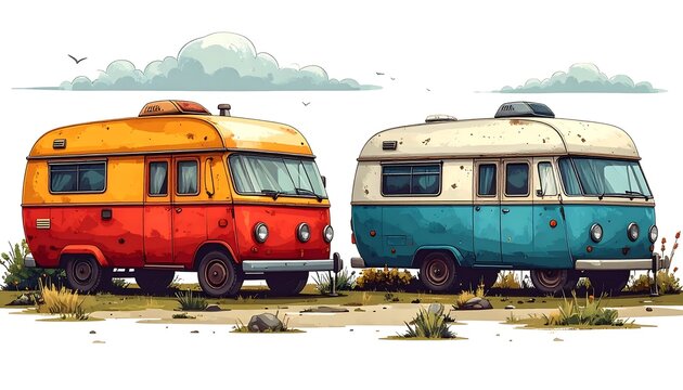 Colorful illustrated campers parked in a grassy field with clouds above. One van is orange/red; the other is blue/white