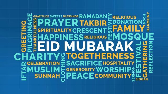 Vibrant Eid Mubarak Word Cloud Animation Shameless Loop. Eid Mubarak Kinetic Typography Vibrant Theme