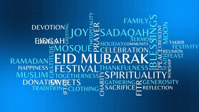 Blue Eid Mubarak Word Cloud Animation Shameless Loop. Eid Mubarak Kinetic Typography Elegant Theme