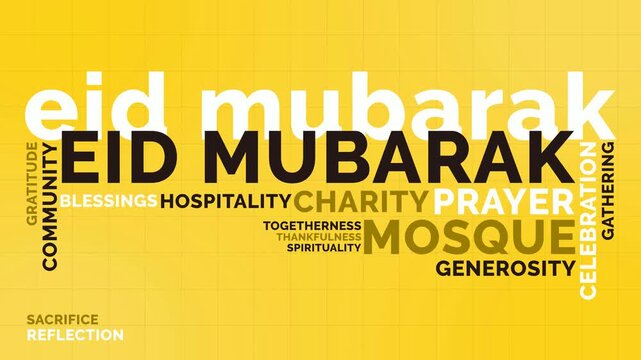 Minimal Eid Mubarak Word Cloud Animation Shameless Loop. Eid Mubarak Kinetic Typography Minimal Theme