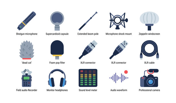 Recording devices icons arranged in grid on white background