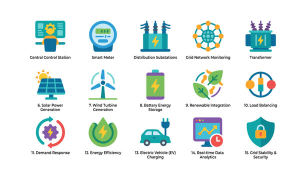 Smart grid and renewable energy icons arranged on white background