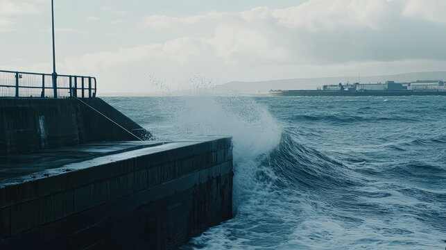 Powerful ocean waves slam against a concrete harbor pier and sea wall, sending dramatic spray and seafoam across the turbulent shoreline under a brooding cloudy sky