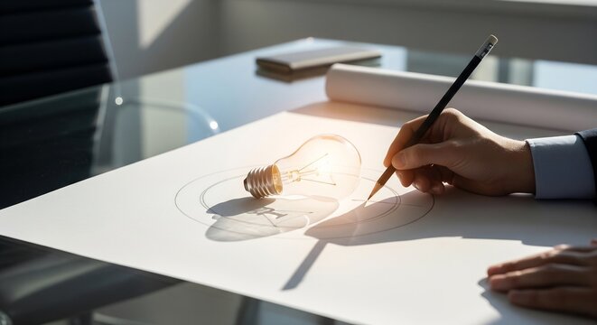 Businessman hand sketching a project on paper with a glowing light bul