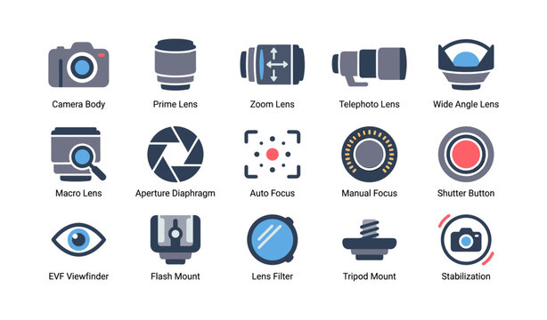 Camera and lens icons showing equipment components and controls