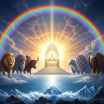 Divine Throne of God with Rainbow and Four Living Creatures