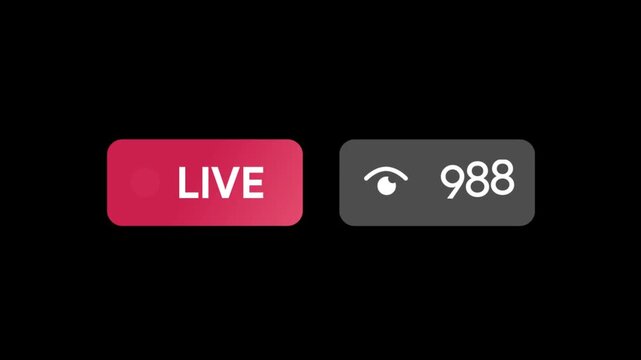 Live stream broadcast badge with blinking dot and increasing viewer counter for social media template overlay. Transparent background