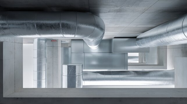 Industrial building interior with ventilation ductwork and concrete structure