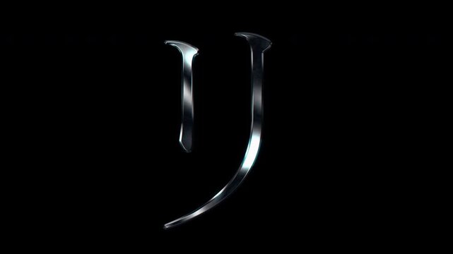 Silver metallic Japanese Katakana "リ". Alpha channel. Serif font. Seamless loop video