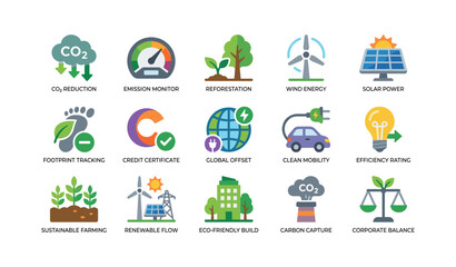 Naklejka premium Sustainability and energy icons shown in grid on white background