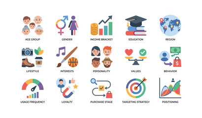 Fototapeta premium Marketing segmentation icons shown as labeled grid on white background