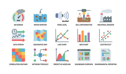 Fototapeta premium Environmental monitoring and data icons arranged in grid on white background
