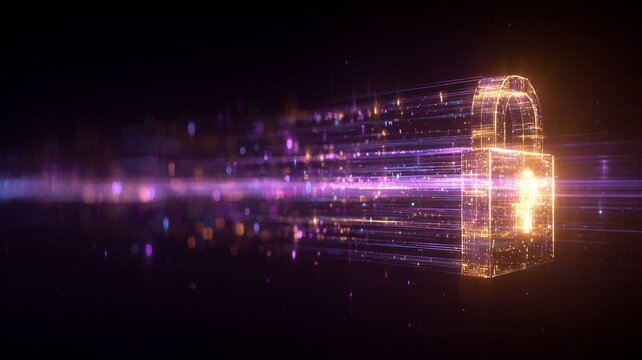 Side view of a glowing digital padlock with motion blur light streaks in purple and orange. Conceptual art for high-speed fiber optic security and data packet protection.