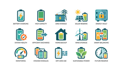 Obraz premium Battery and energy storage icons showing charging backup on white