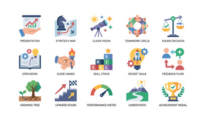 Fototapeta premium Business and career icons shown as labeled grid on white background