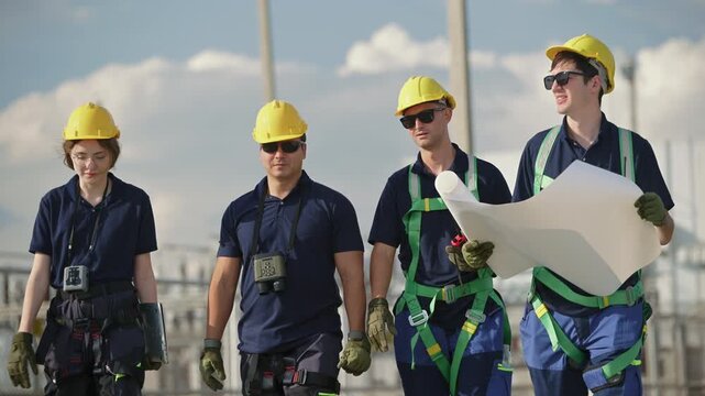 Engineers wearing safety helmets and jackets inspecting a wind turbine at wind farm at sunset. Concept renewable energy, sustainable technology wind power maintenance and environmental engineering.