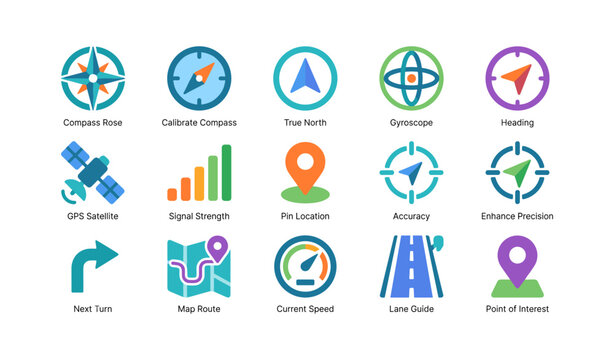 Navigation and location icons arranged in grid on white background