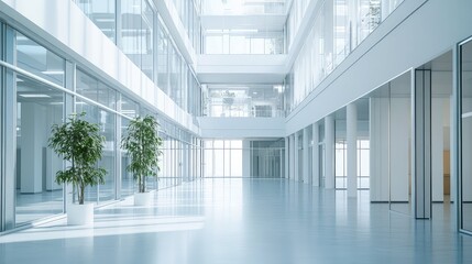 Fototapeta premium Contemporary corporate atrium, featuring expansive glass walls, bright open spaces, and green indoor plants creating a clean, professional environment for business, innovation, and futuristic design