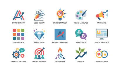 Fototapeta premium Branding and marketing icons arranged in grid on white background