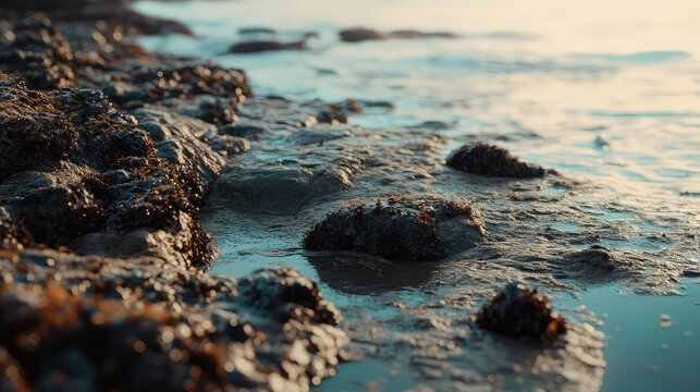 Coastal rocks featuring dark seaweed and small tide pools reflecting the golden light of an early morning sunrise, creating a serene natural landscape along the shoreline