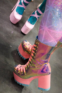 Colorful platform boots and patterned tights