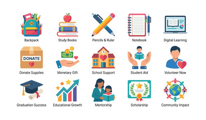 Fototapeta premium Education and charity icons arranged on white grid background