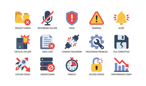 System error and warning icons arranged on white grid
