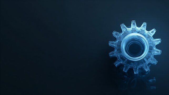 Top-down view of a translucent blue glowing mechanical gear over a dark reflective floor. Concept of core engine, central processing unit, and industrial technology design.