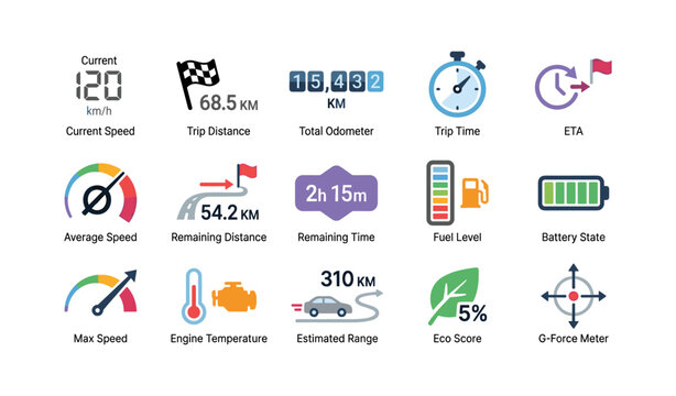 Vehicle telemetry and trip icons arranged on white grid